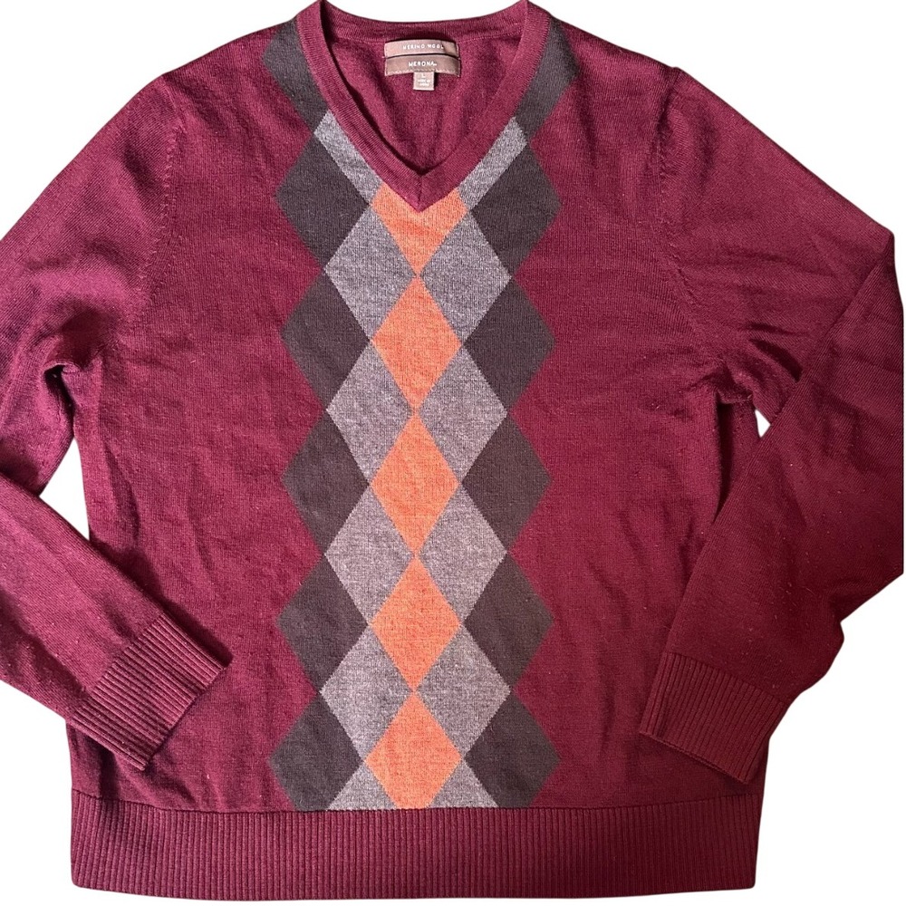 Merona Merino Wool Sweater Large Burgundy Red Argyle V Neck Knit
